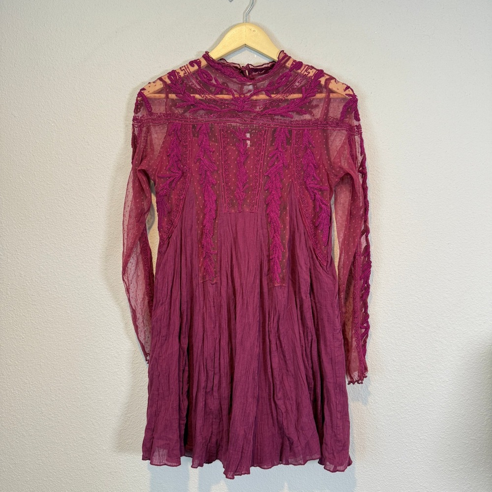 Free People Berry Magenta Embroidered Mesh Long Sleeve Mini Dress Small